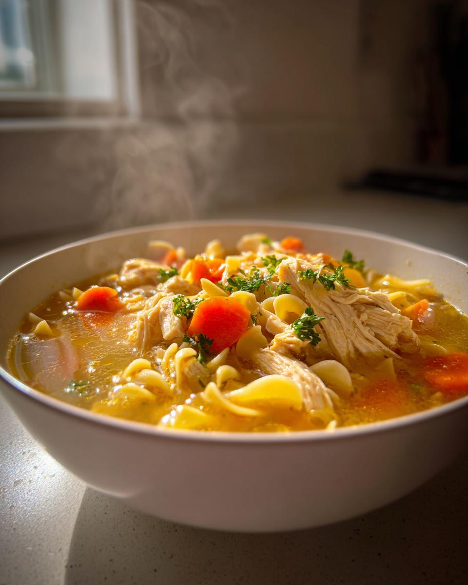 Close-up of a steaming bowl of penicillin soup filled with shredded chicken, egg noodles, carrots, and parsley garnish.