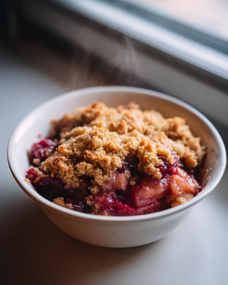 A close-up of a steaming white bowl filled with warm, bubbling rhubarb crisp, featuring a golden crumble topping.