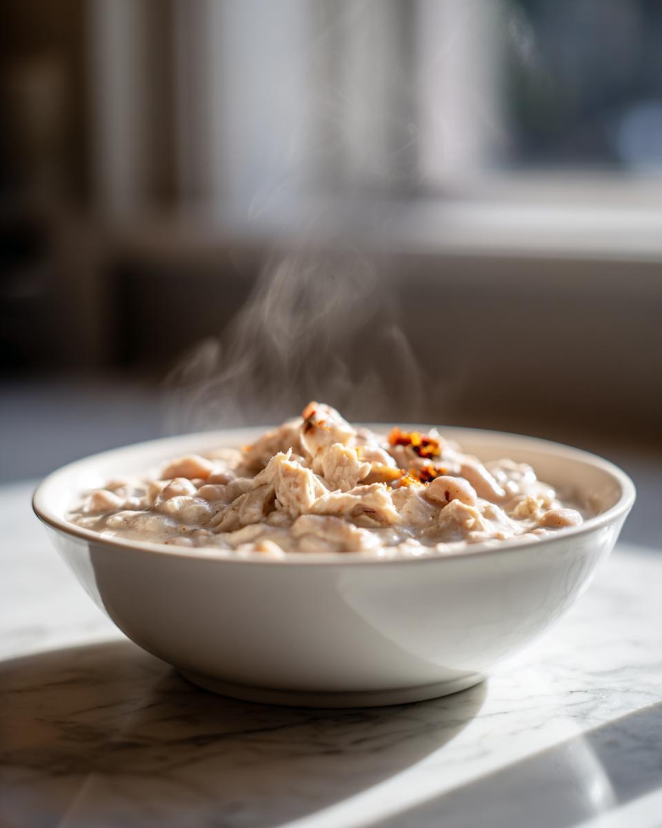 A steaming white bowl filled with creamy white chicken chili, topped with shredded white chicken.