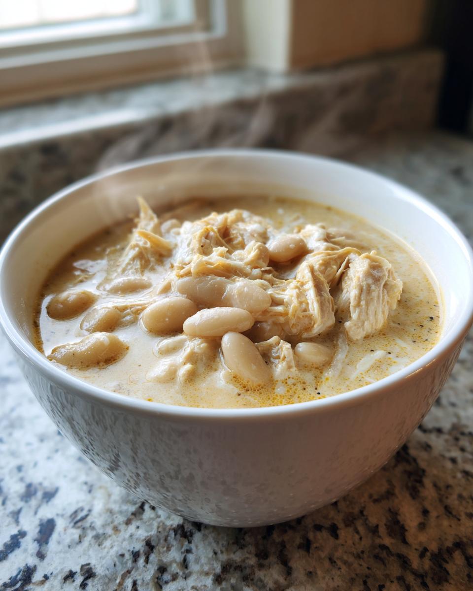 Close-up of a steaming white bowl filled with creamy white chicken chili, featuring shredded white chicken and cannellini beans.