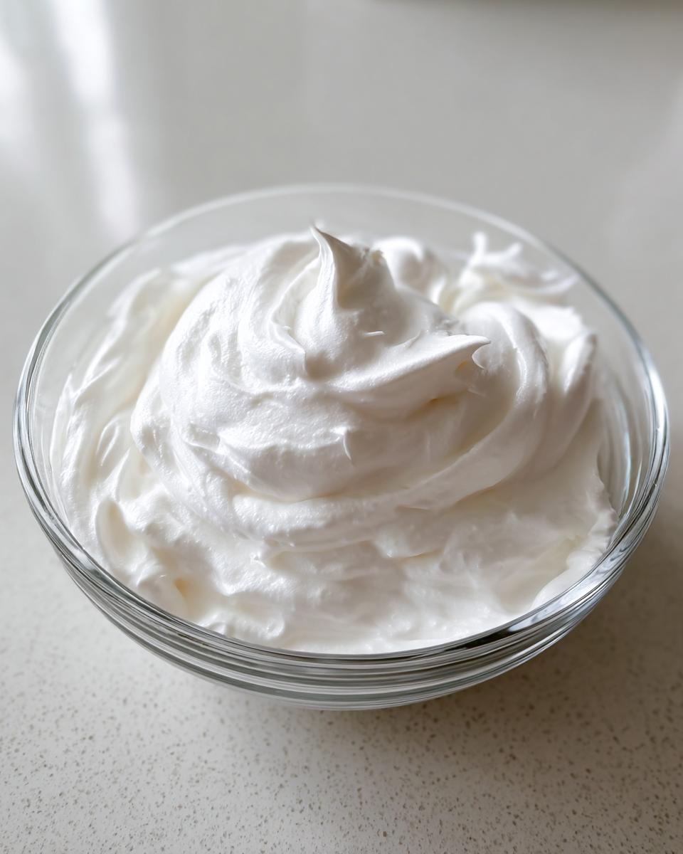 Close-up of thick, bright white, stiff-peak cookie icing ready for decorating in a clear glass bowl.