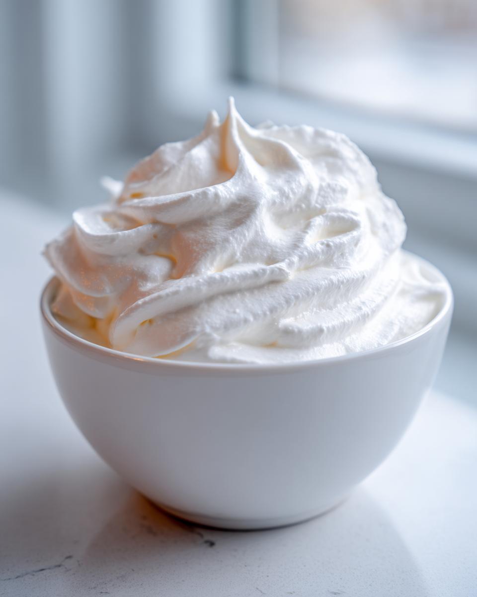 Close-up of stiff, bright white royal icing recipe mixture piped into a small white bowl.