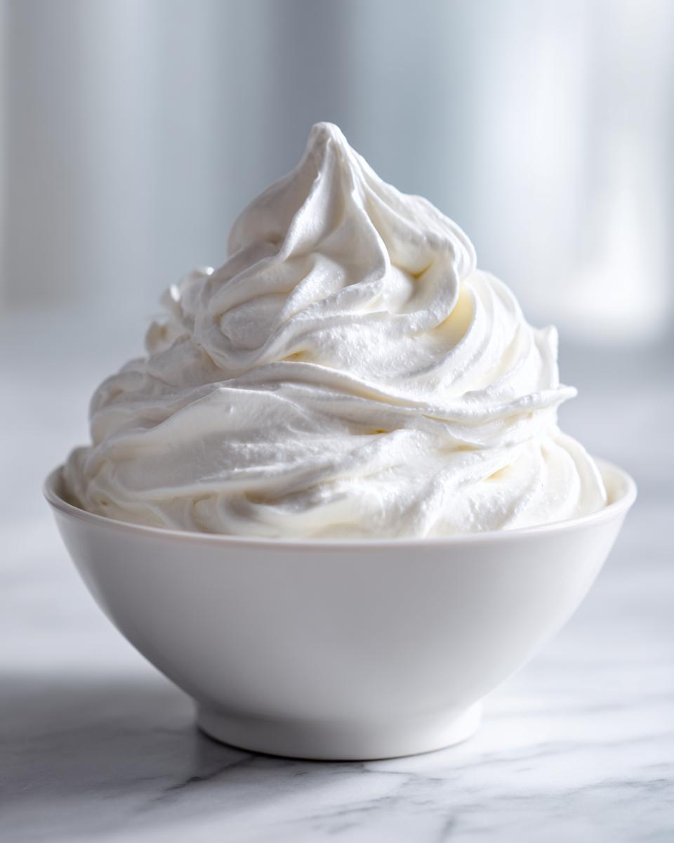 A close-up of stiff, bright white royal icing piped into a swirl in a small white bowl.