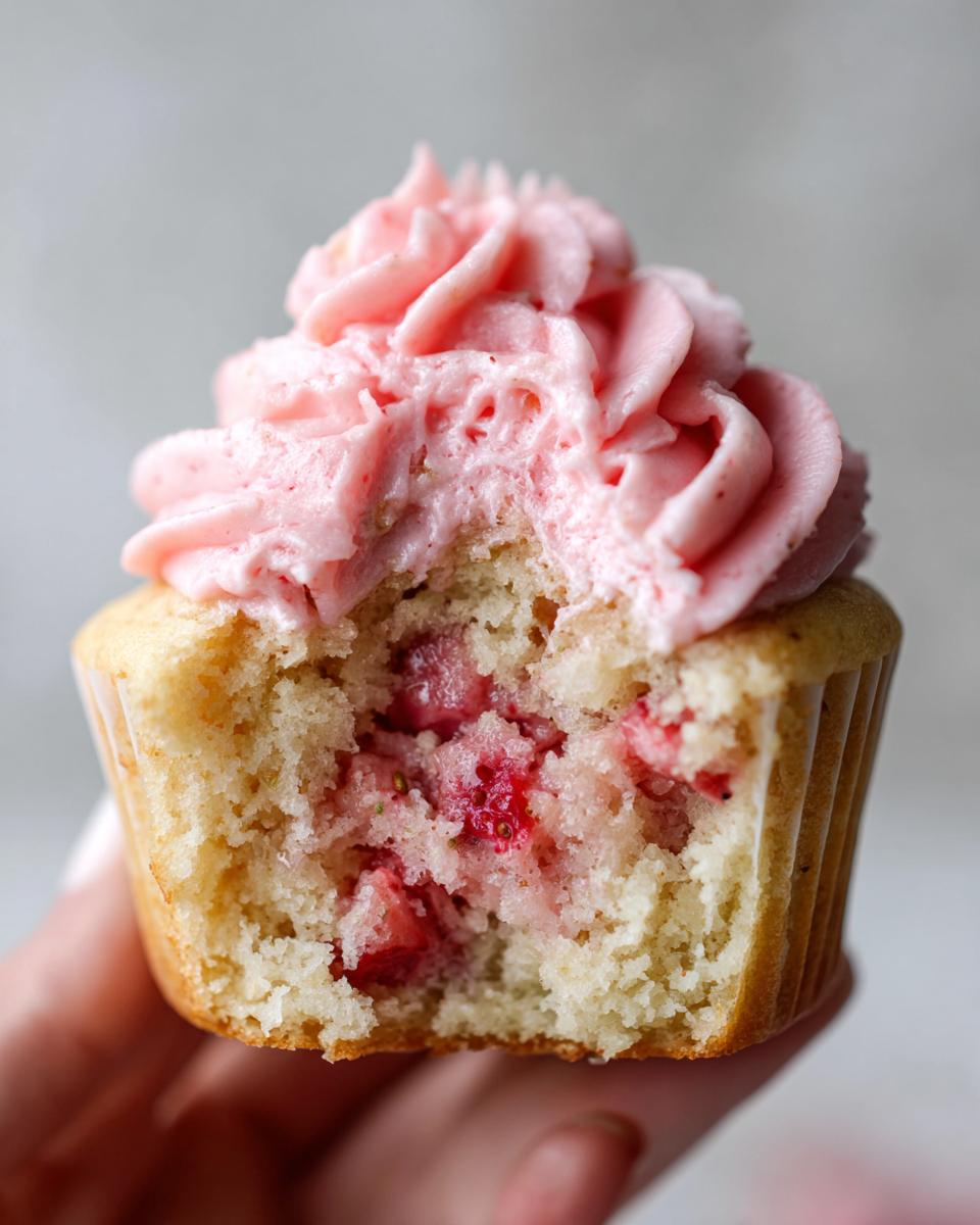 Close-up of a strawberry cupcakes with a bite taken out, revealing strawberry filling and pink frosting.