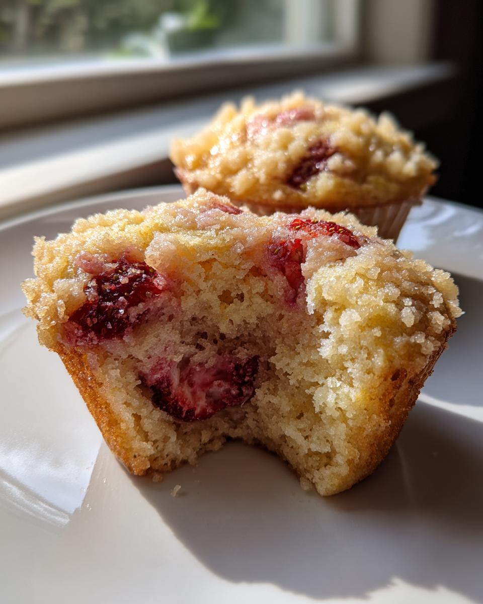 A close-up of a strawberry muffins with a bite taken out, revealing moist cake and fresh strawberries inside.