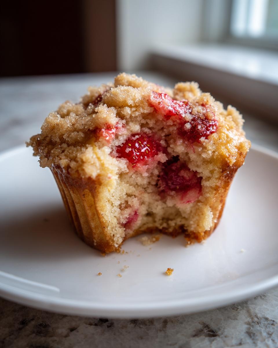 A delicious strawberry muffins with a bite taken out, showing juicy berries and a sugary crumb topping.