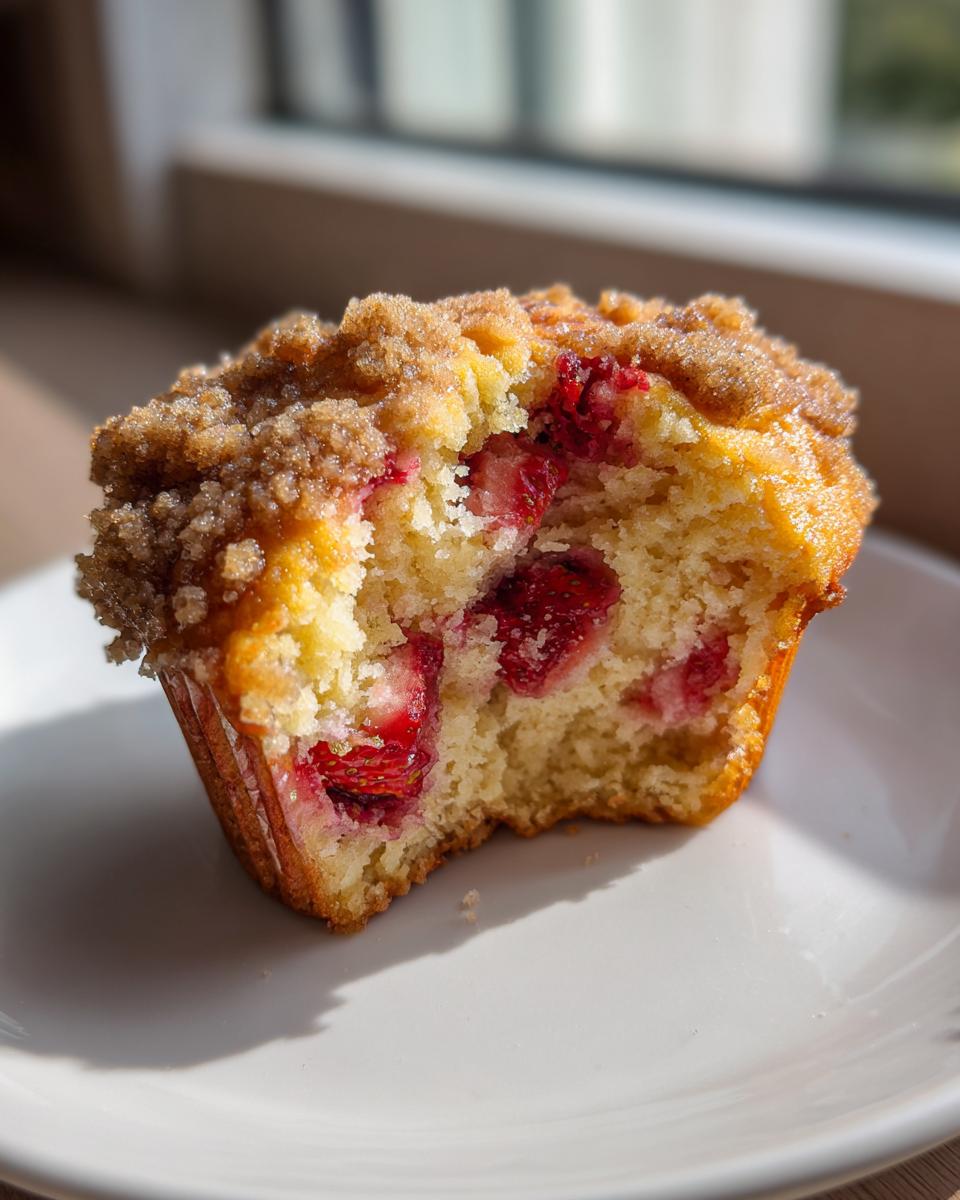 A close-up view of a strawberry muffins half, showing moist cake, bright red strawberries, and a sugary crumb topping.