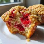 A close-up view of a bite taken out of a moist strawberry muffin with a crumb topping.