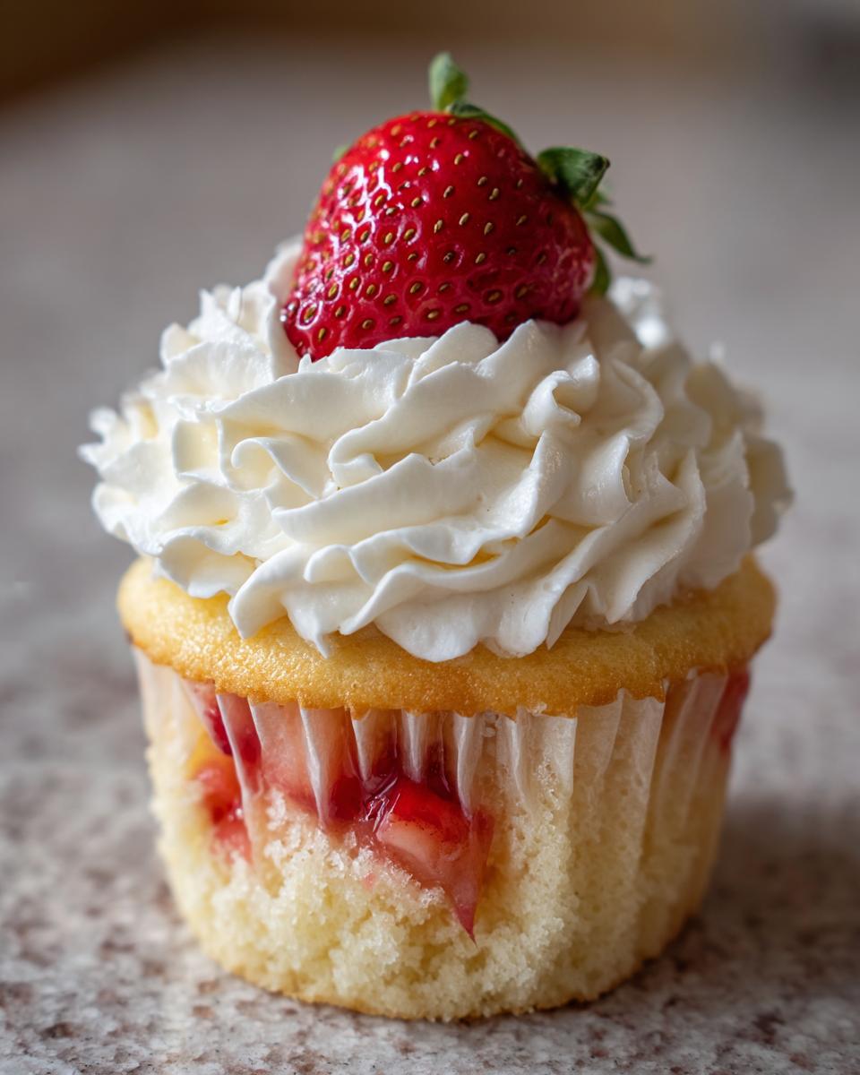 Close-up of a single strawberry shortcake cupcake topped with white whipped cream and a fresh, whole strawberry.