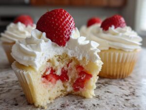Close-up of a strawberry shortcake cupcake with a bite taken out, revealing strawberry filling and topped with whipped cream and a fresh strawberry.