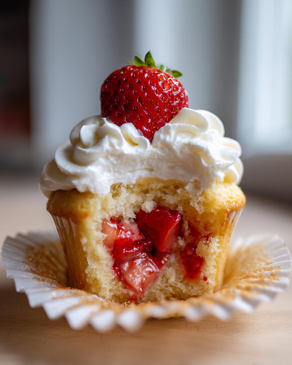 Close-up of a strawberry shortcake cupcakes cut in half, showing the moist cake, strawberry filling, and whipped cream topping.