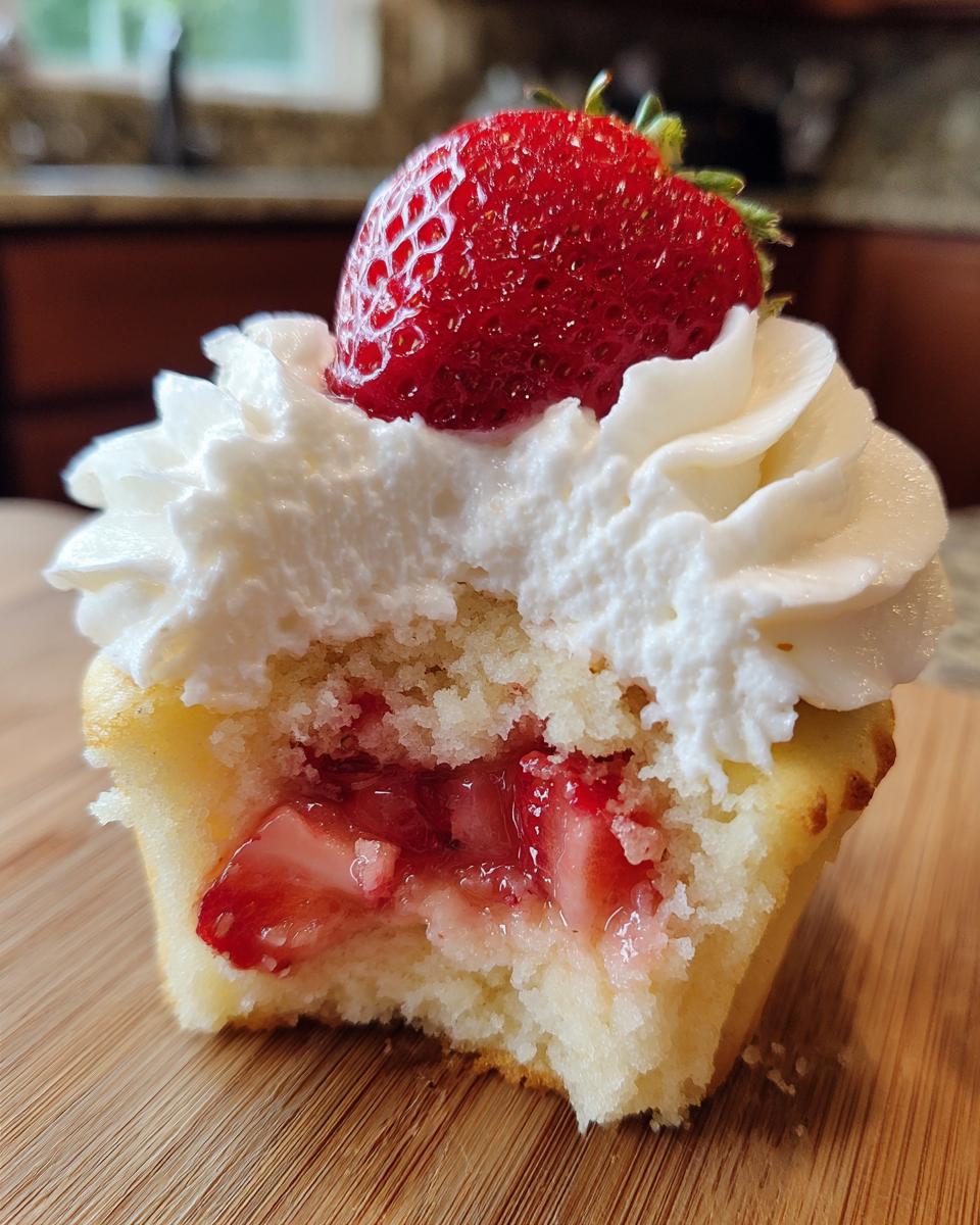 Close-up of a strawberry shortcake cupcakes with a bite taken out, revealing strawberry filling and whipped cream topping.