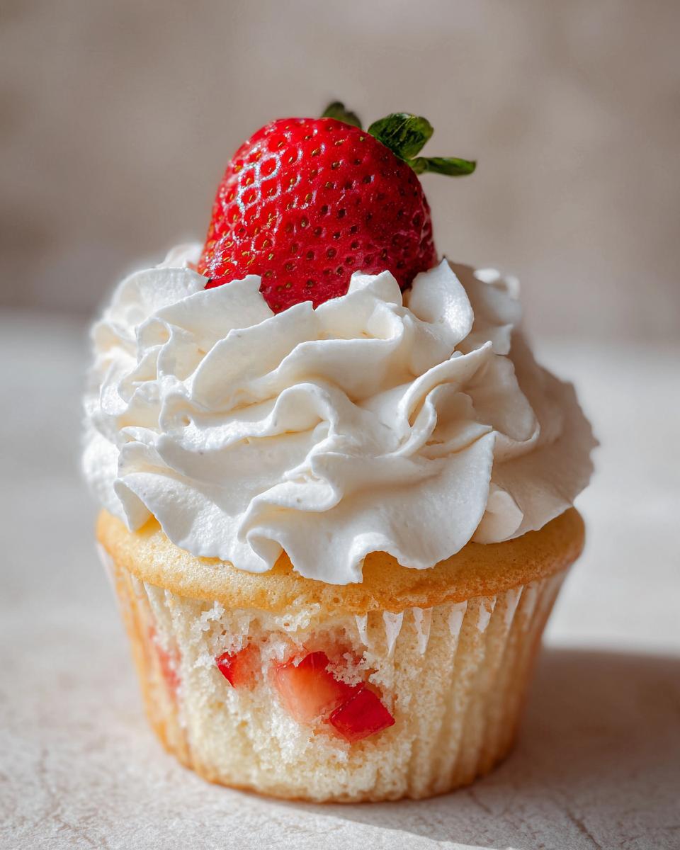 A single, delicious strawberry shortcake cupcake topped with a swirl of white whipped cream and a fresh whole strawberry.