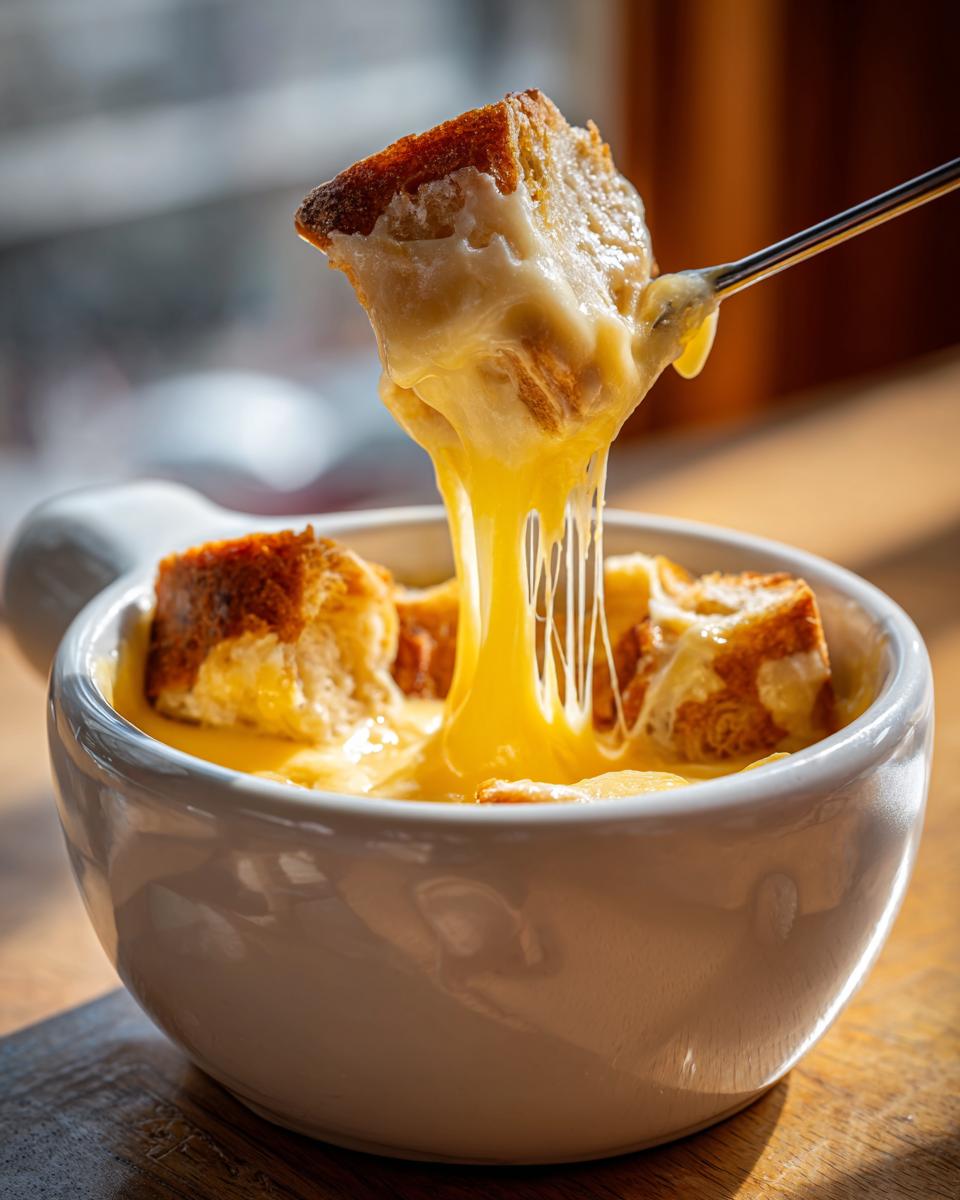 A piece of toasted bread is lifted out of a bowl of hot cheese fondue, showing long, stretchy cheese pulls.