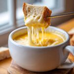 A piece of bread dipped into a white mug of hot, gooey cheese fondue, showing long cheese pulls.