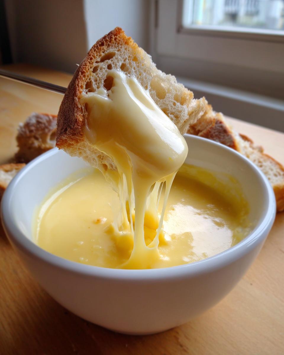 A piece of crusty bread is dipped into a bowl of smooth, yellow cheese fondue, showing long, stretchy cheese pulls.