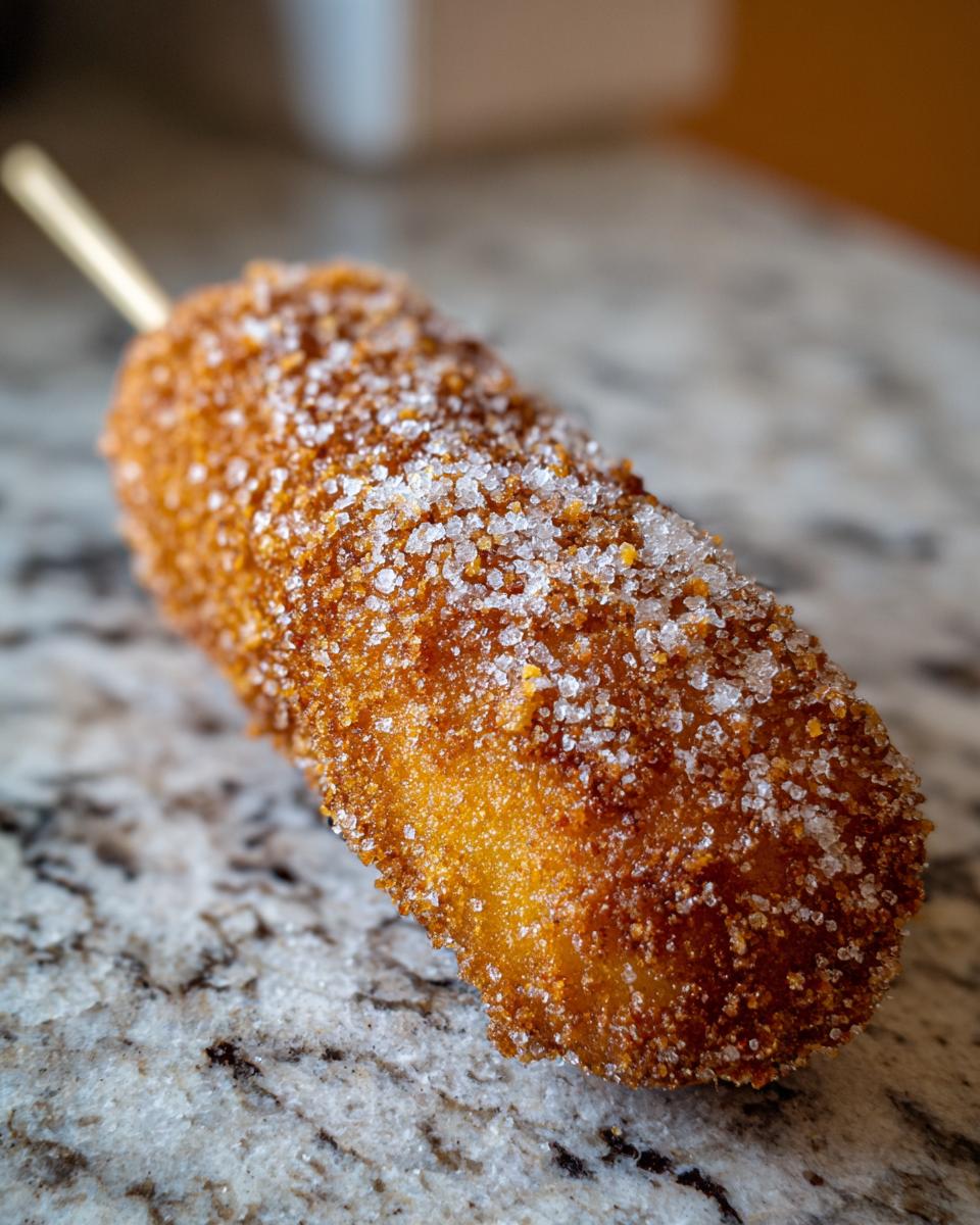 A close-up, appetizing shot of a golden-brown, deep-fried korean corn dog heavily coated in granulated sugar.