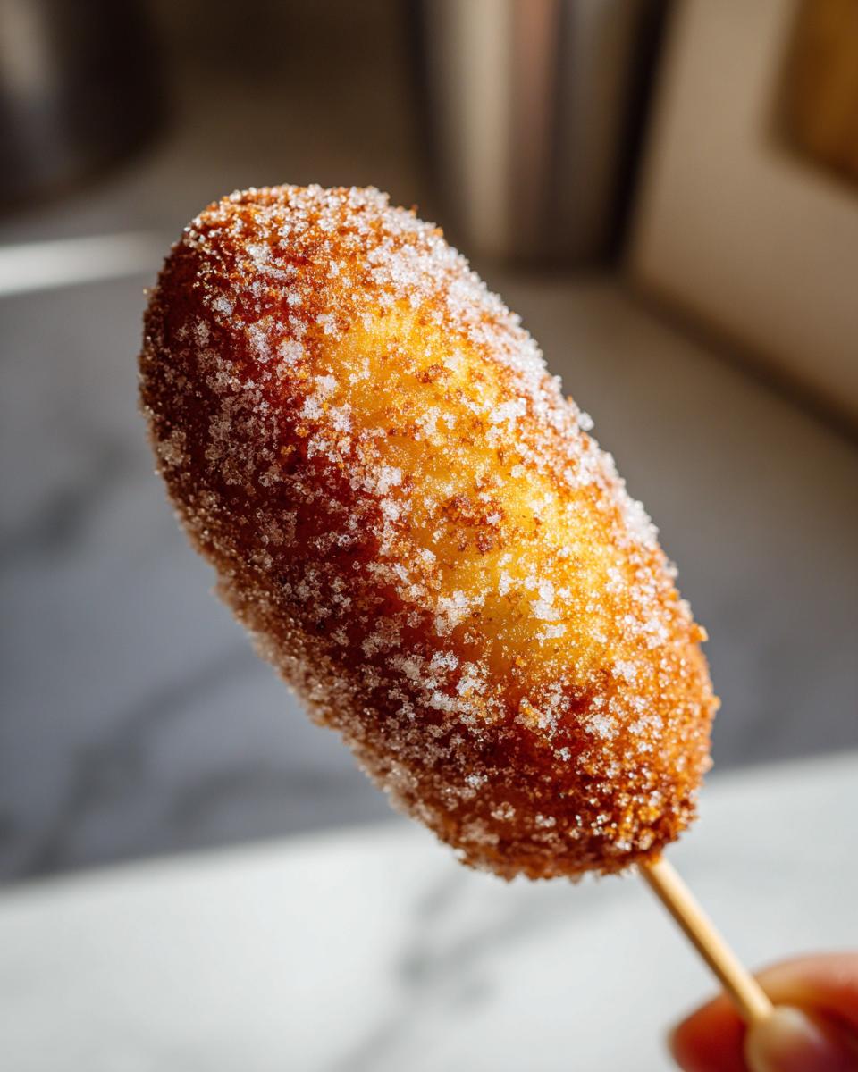Close-up of a freshly fried korean corn dog heavily coated in granulated sugar, held on a wooden skewer.