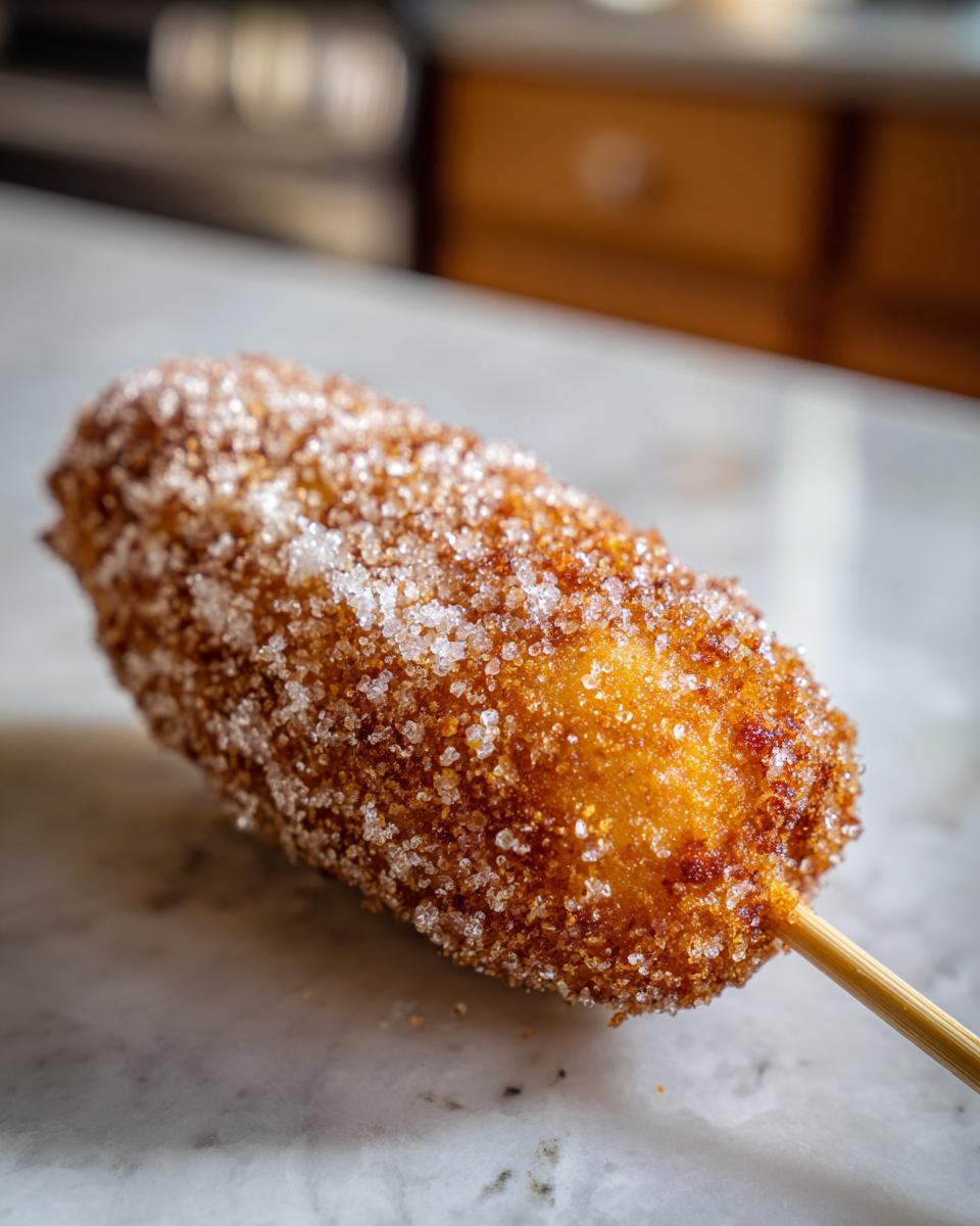 Close-up of a perfectly fried korean corn dog heavily coated in sparkling white sugar crystals.