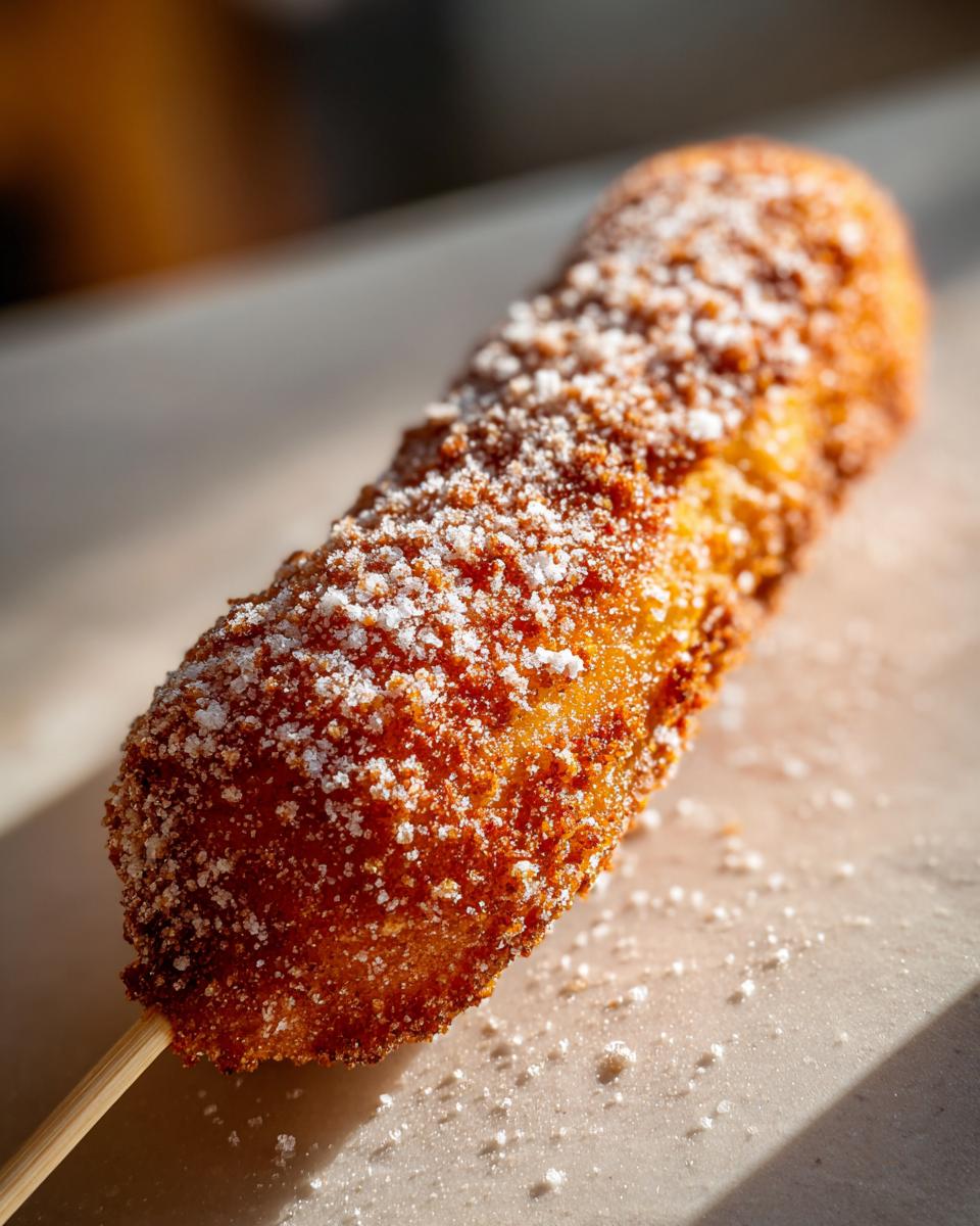 A close-up, sunlit photo of a perfectly fried korean corn dog coated generously with white sugar.