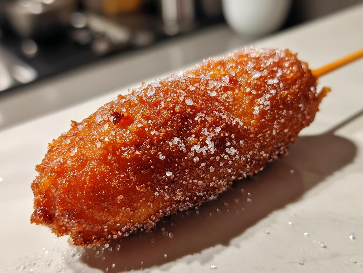 Close-up of a deep-fried, golden-brown korean corn dog generously coated in granulated sugar.