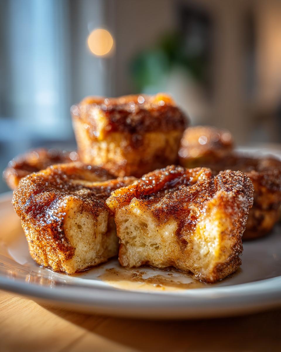 Close-up of several golden brown french toast muffins, coated in cinnamon sugar, resting on a white plate.