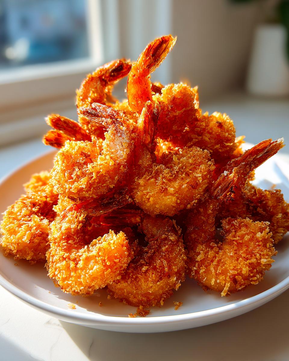 A mound of golden brown, crispy fried shrimp piled high on a white plate, catching bright sunlight.