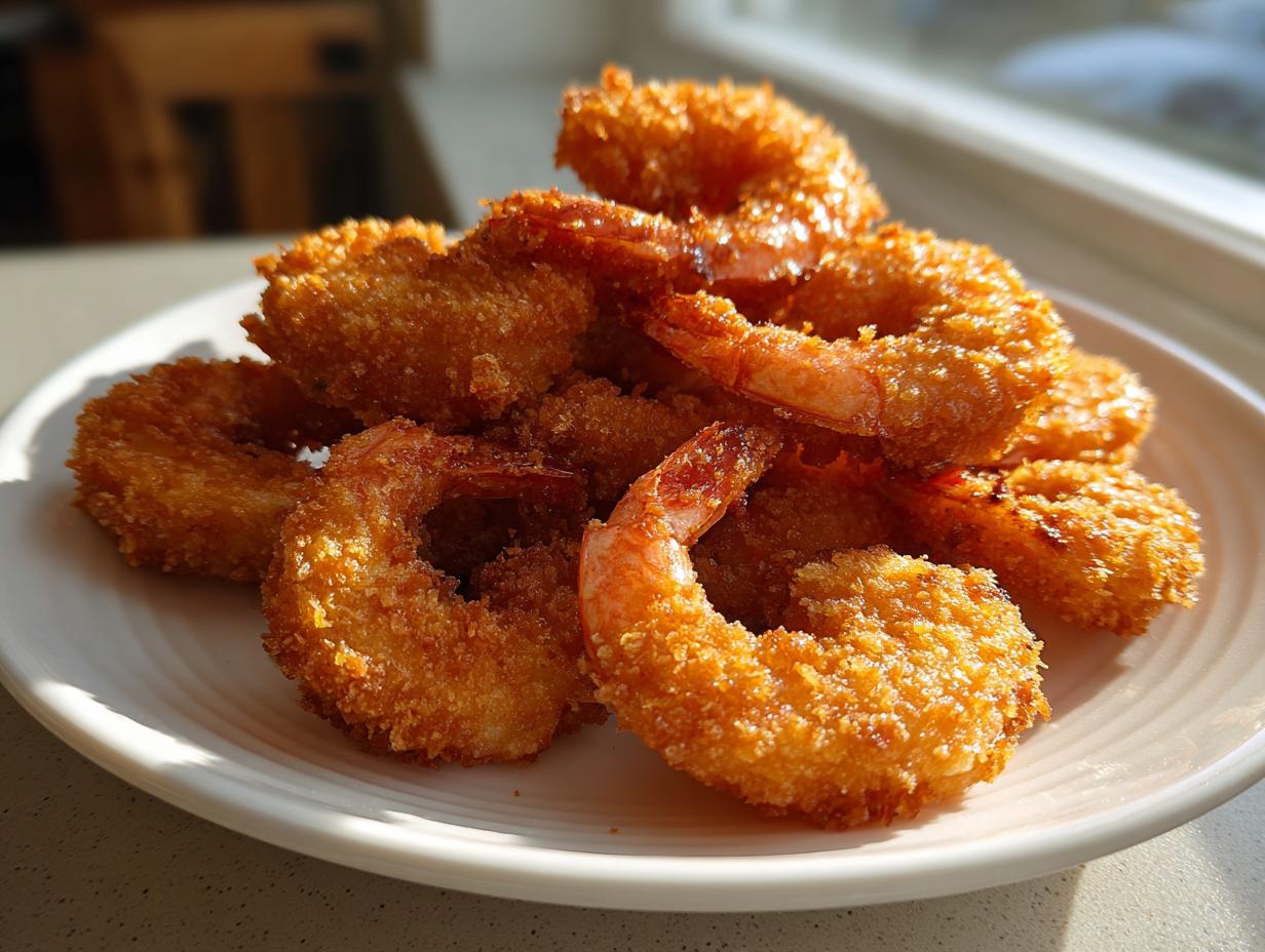 A pile of perfectly golden and crispy fried shrimp with tails on, resting on a white plate.