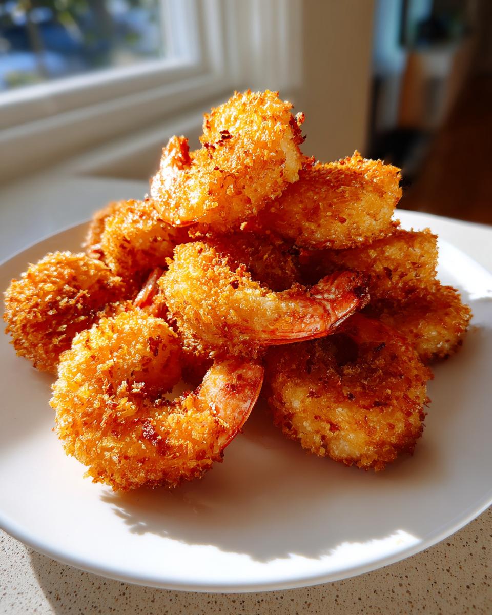 A golden brown stack of crispy fried shrimp with visible panko breading, lit by sunlight.