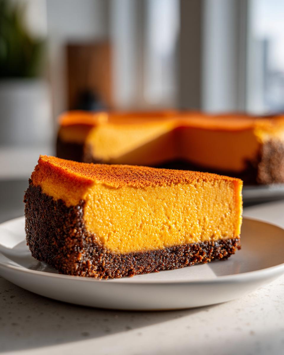 A close-up of a thick slice of vibrant orange sweet potato cheesecake on a white plate.
