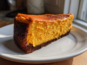 A thick slice of bright orange sweet potato cheesecake with a dark chocolate crust, sitting on a white plate.