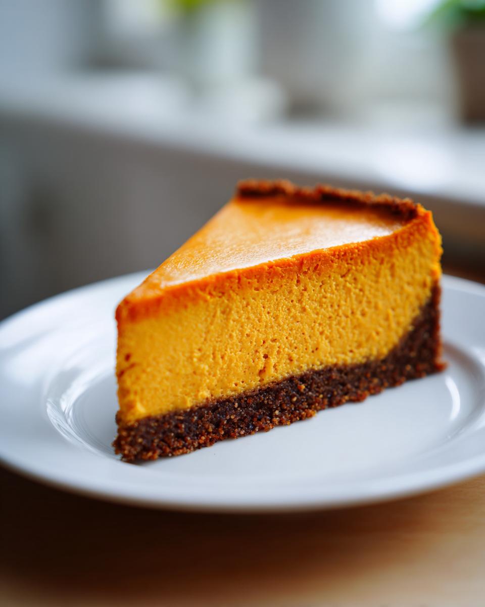 A perfect slice of bright orange sweet potato cheesecake with a dark, crumbly crust on a white plate.