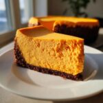 A close-up of a thick slice of vibrant orange sweet potato cheesecake with a dark chocolate crust on a white plate.