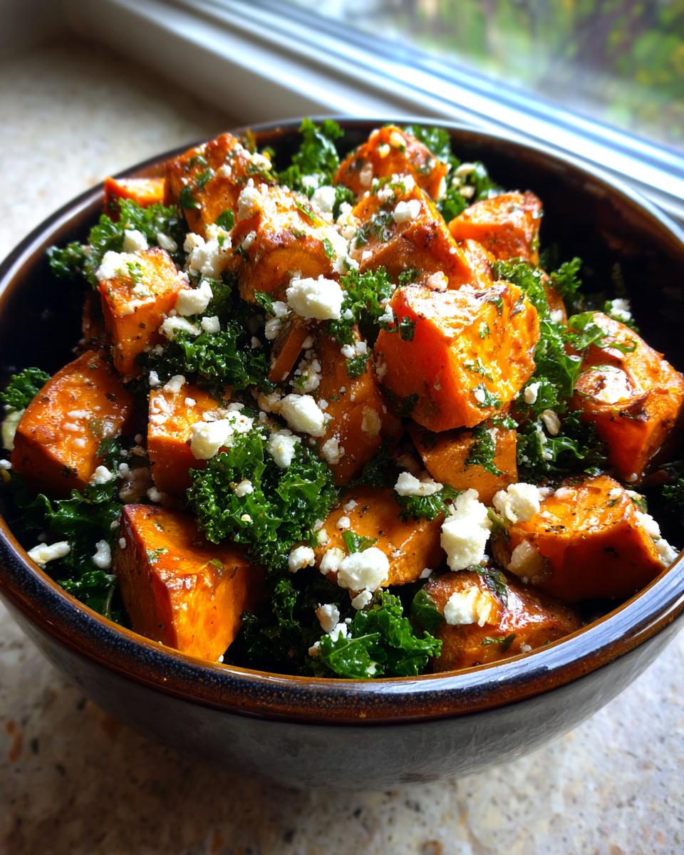 A close-up of a dark bowl filled with roasted sweet potato salad, kale, and crumbled white cheese.