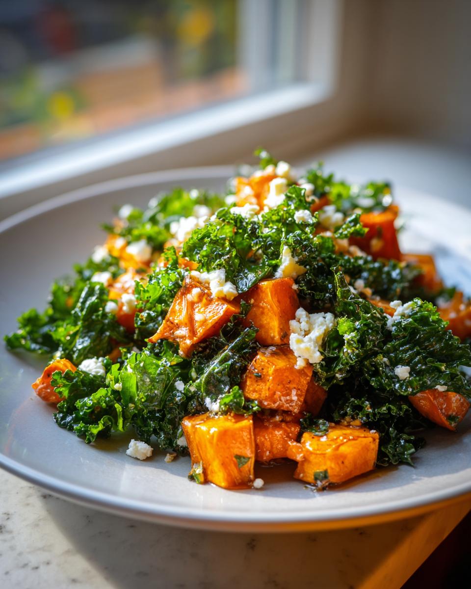 Close-up of a healthy sweet potato salad featuring roasted orange cubes, dark green kale, and crumbled white cheese.
