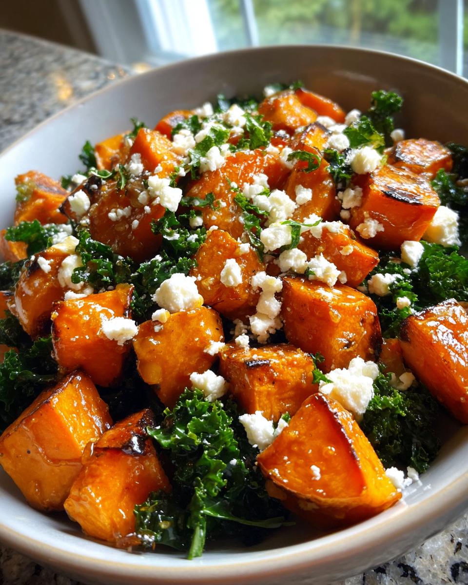 Close-up of a bowl featuring roasted orange sweet potato chunks mixed with dark green kale and topped with crumbled white feta cheese in a sweet potato salad.