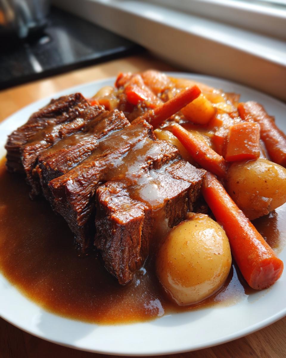 Close-up of sliced, tender pot roast covered in rich brown gravy, served with whole carrots and potatoes.