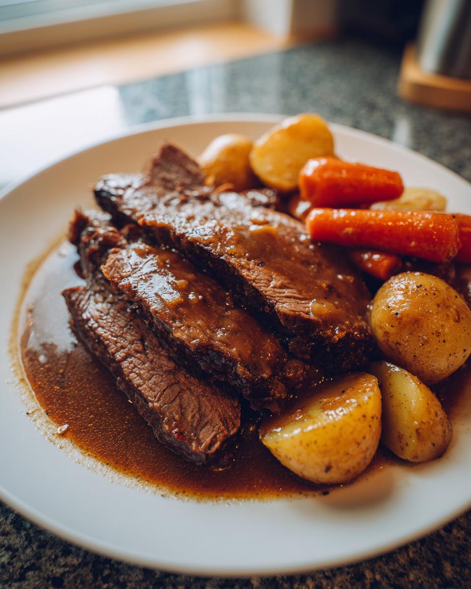Slices of tender pot roast covered in rich brown gravy, served alongside roasted potatoes and carrots.