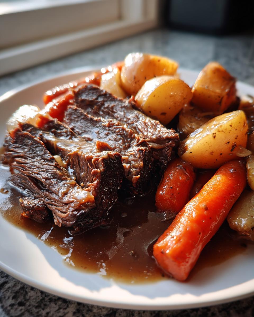 Close-up of sliced, tender pot roast served with carrots and potatoes in rich brown gravy.