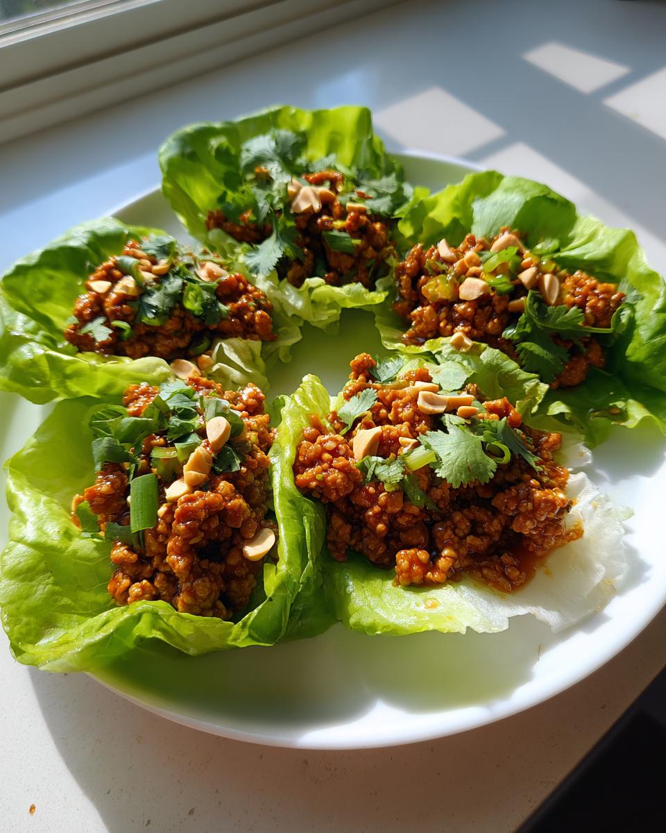 Five servings of vibrant thai chicken lettuce wraps filled with savory ground chicken and topped with peanuts and cilantro.