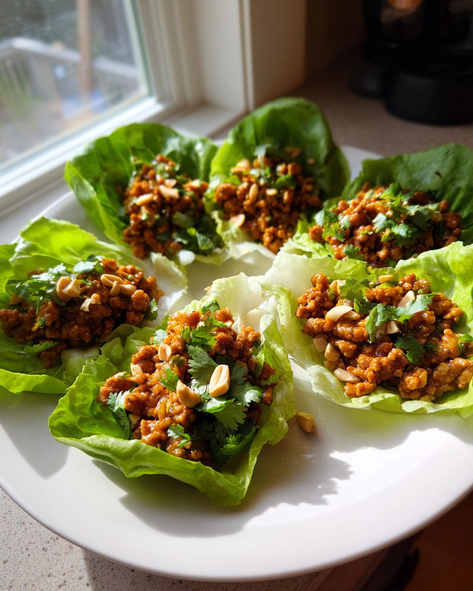 Five servings of thai chicken lettuce wraps filled with savory ground chicken and topped with peanuts and cilantro.