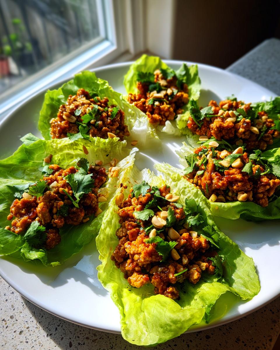 Five servings of thai chicken lettuce wraps on a white plate, filled with savory ground chicken and topped with cilantro and chopped peanuts.
