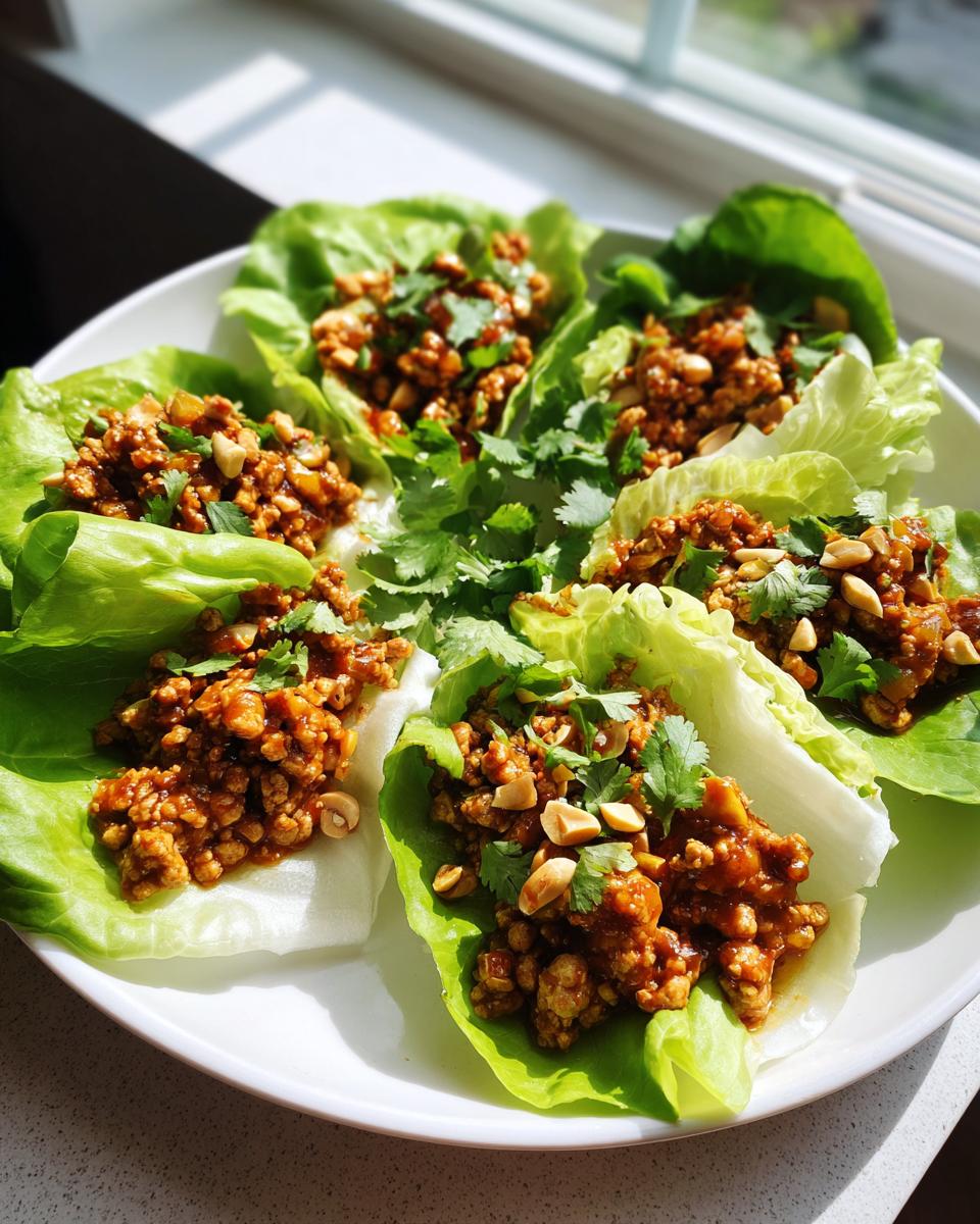 Five servings of thai chicken lettuce wraps filled with savory ground chicken mixture, topped with peanuts and cilantro.