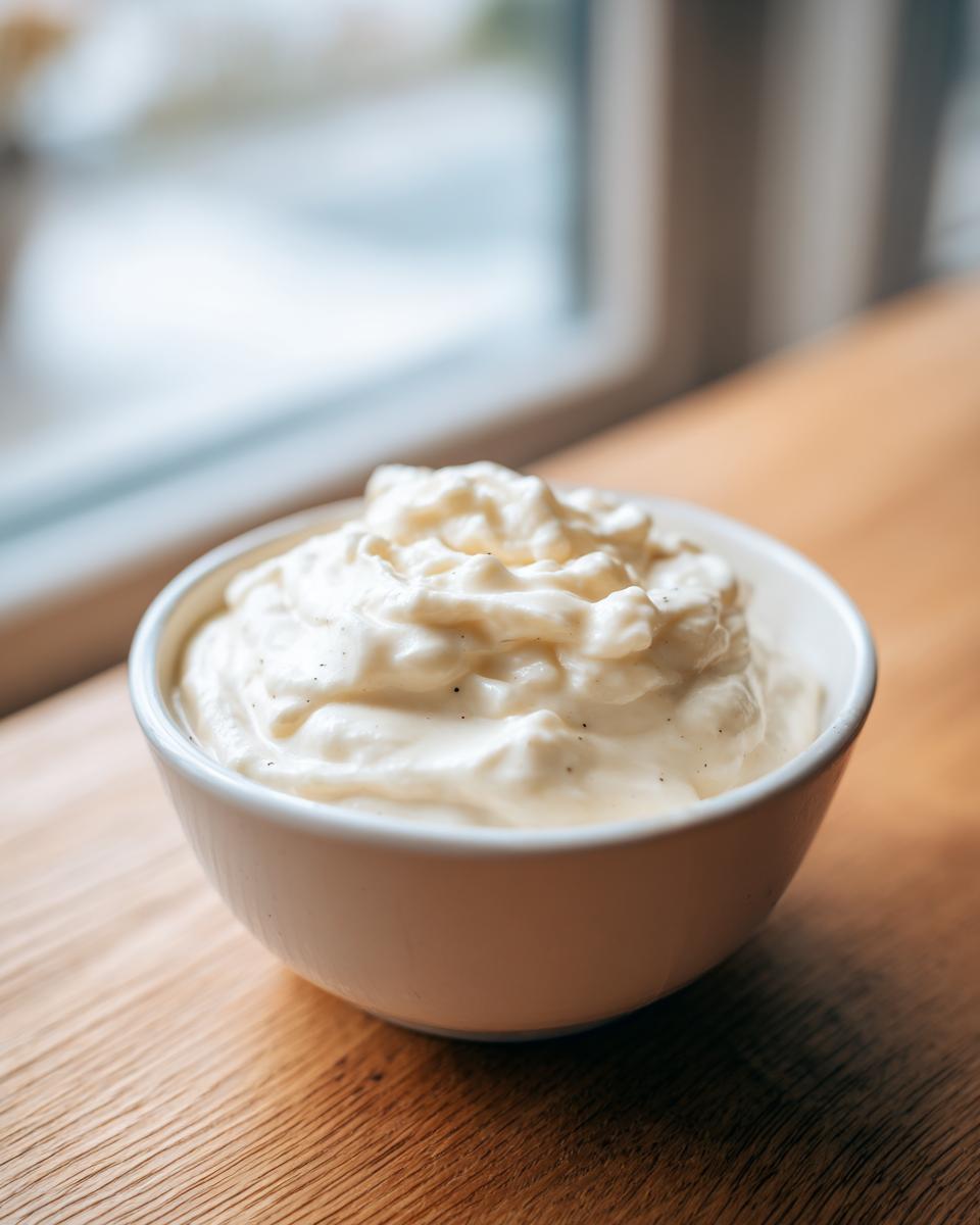 A close-up of thick, creamy homemade alfredo sauce speckled with black pepper or vanilla bean specks in a small white bowl.