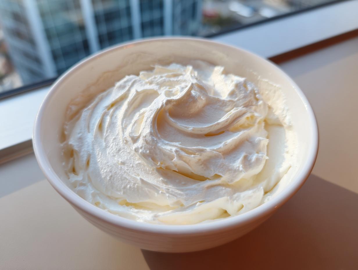 A white bowl filled with freshly mixed, thick, and glossy royal icing recipe, set near a window.