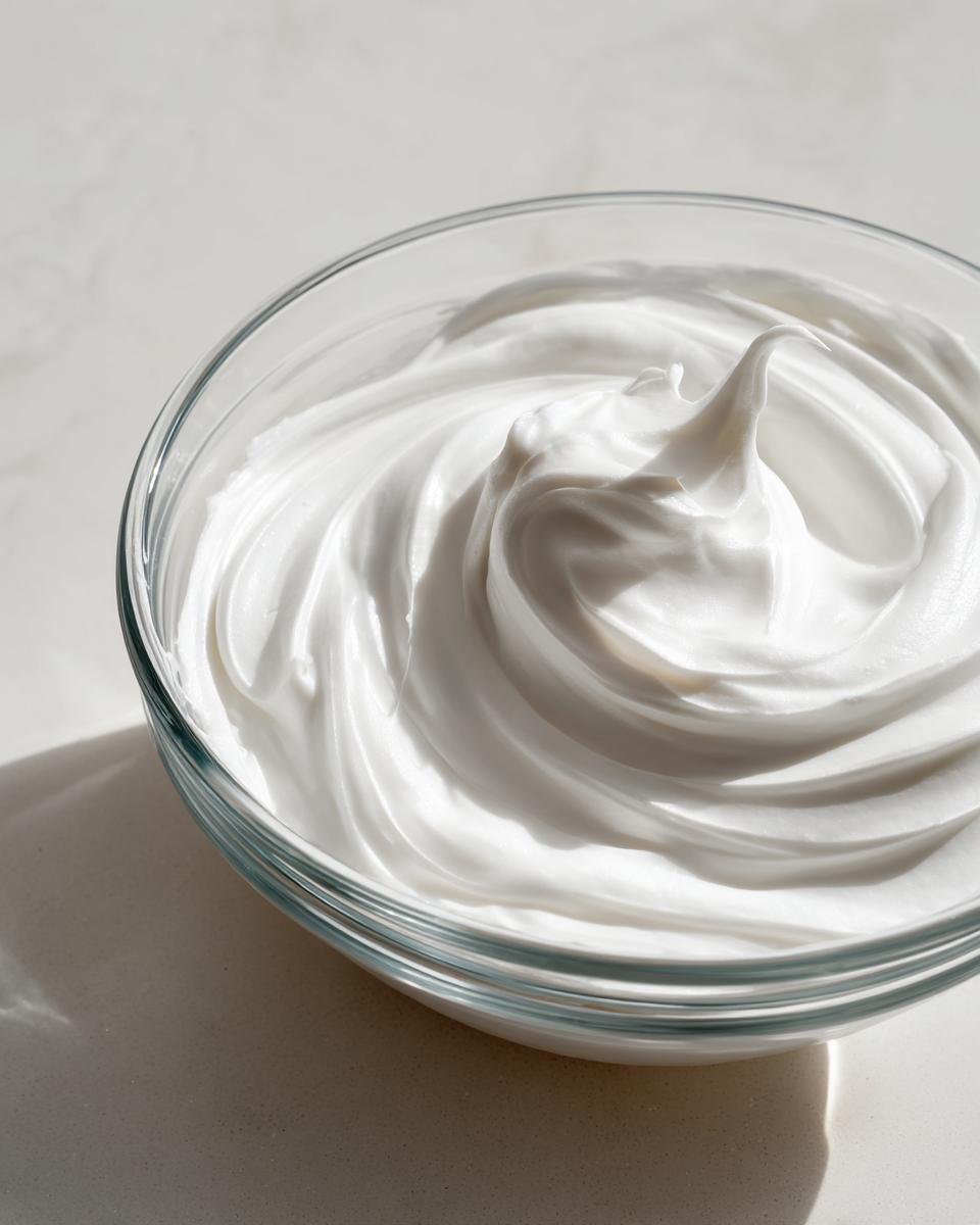 Close-up of thick, glossy white cookie icing swirled perfectly in a clear glass bowl.