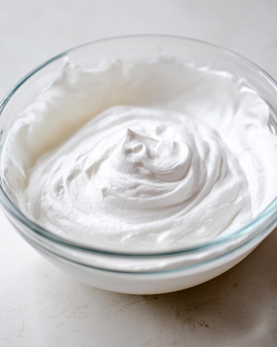 Close-up of thick, fluffy white mixture, likely royal icing or meringue, ready for use as cookie icing.
