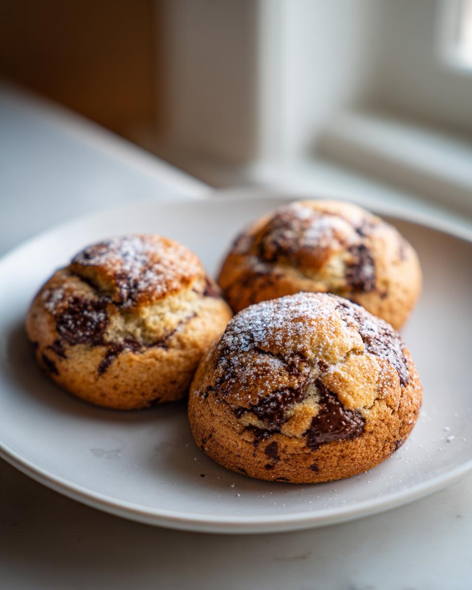 Three freshly baked pudding cookies, studded with melted chocolate and lightly dusted with powdered sugar, on a white plate.