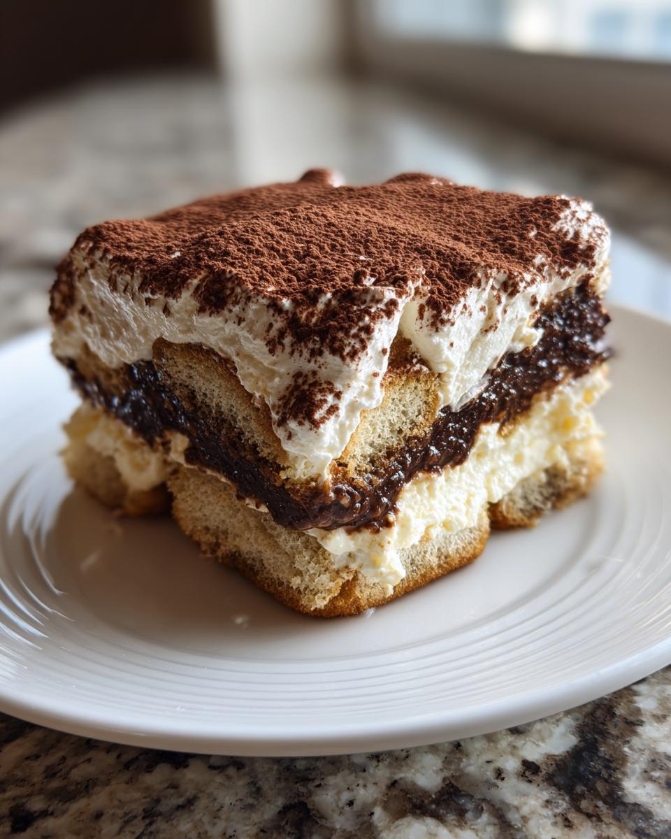 A decadent slice of tiramisu cheesecake featuring layers of soaked ladyfingers, cream, and chocolate, topped with cocoa powder.