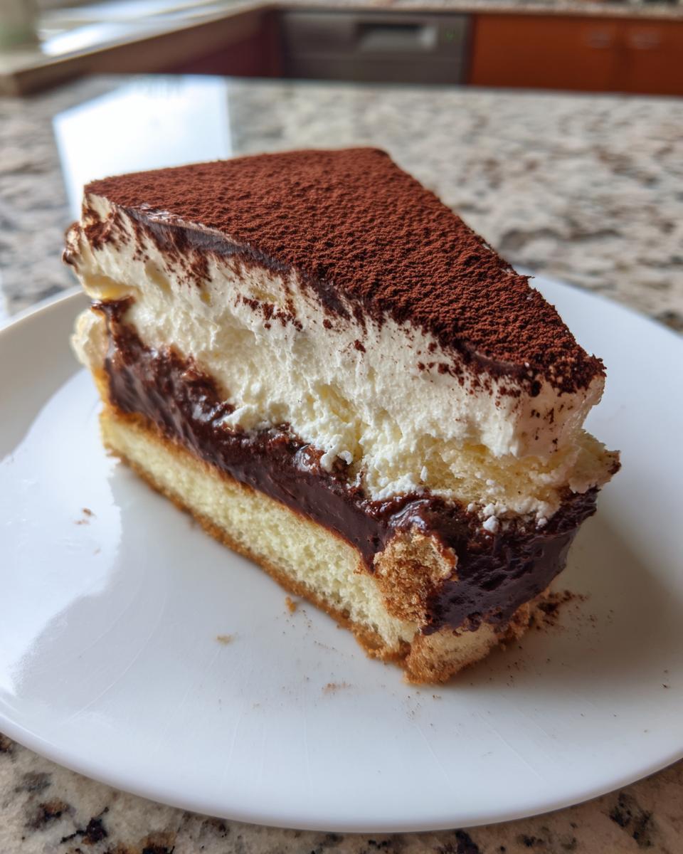 Close-up of a slice of tiramisu cheesecake featuring layers of sponge cake, dark chocolate filling, cream, and cocoa powder.